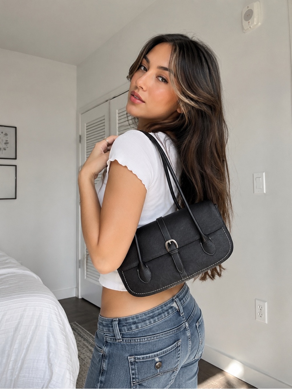 Black Textured Shoulder Bag with Silver Buckle